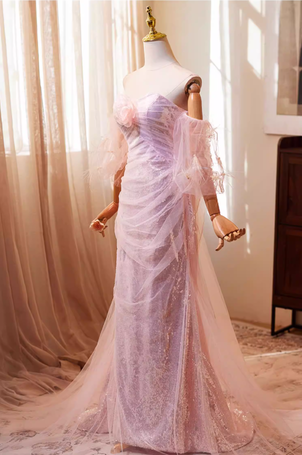 Chic Off-Shoulder Tulle Evening Mermaid Gowns Sequins 3D Flower Prom Dress AP5270