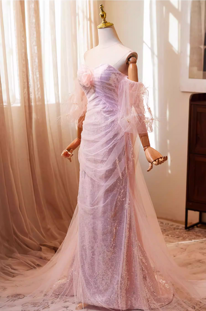 Chic Off-Shoulder Tulle Evening Mermaid Gowns Sequins 3D Flower Prom Dress AP5270