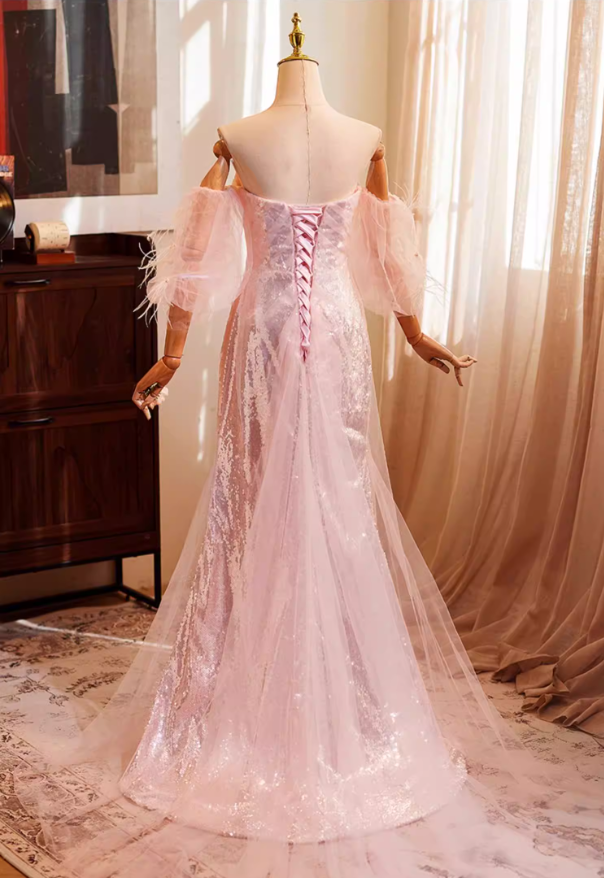 Chic Off-Shoulder Tulle Evening Mermaid Gowns Sequins 3D Flower Prom Dress AP5270