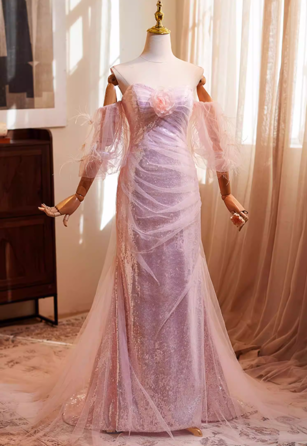 Chic Off-Shoulder Tulle Evening Mermaid Gowns Sequins 3D Flower Prom Dress AP5270