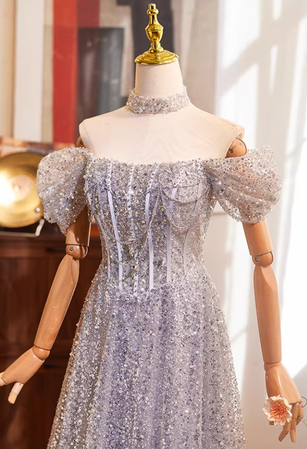 Luxurious Off-Shoulder A-Line Sweet 16th Dresses Sequins Beading Prom Dress AP5271