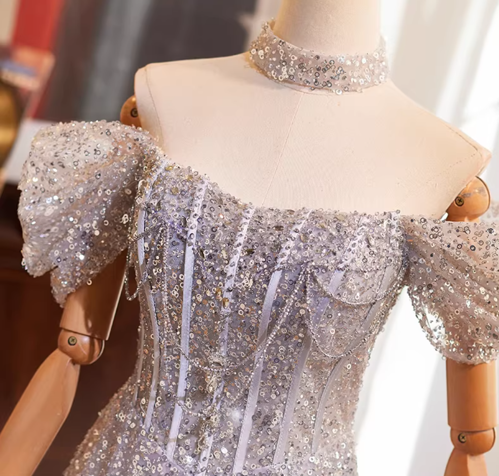 Luxurious Off-Shoulder A-Line Sweet 16th Dresses Sequins Beading Prom Dress AP5271