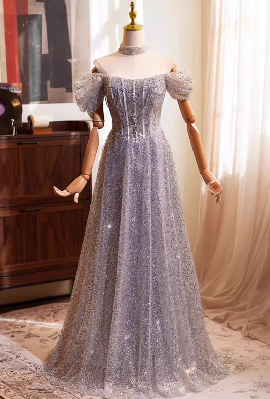 Luxurious Off-Shoulder A-Line Sweet 16th Dresses Sequins Beading Prom Dress AP5271
