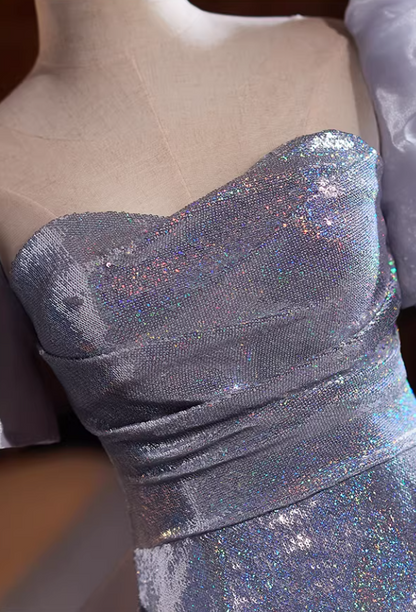 Graceful Sheath Square Neck Sweet 16th Dresses With Bow Train Sequins Short Sleeve Prom Dress AP5273
