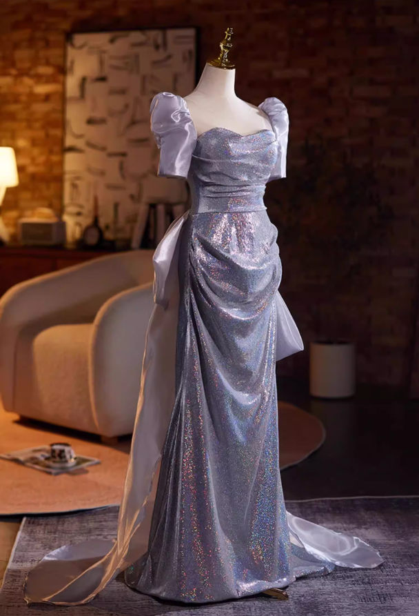 Graceful Sheath Square Neck Sweet 16th Dresses With Bow Train Sequins Short Sleeve Prom Dress AP5273