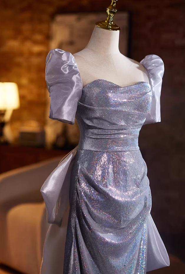 Graceful Sheath Square Neck Sweet 16th Dresses With Bow Train Sequins Short Sleeve Prom Dress AP5273