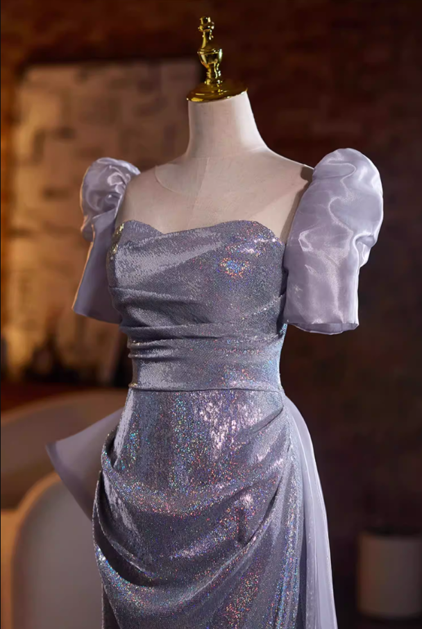 Graceful Sheath Square Neck Sweet 16th Dresses With Bow Train Sequins Short Sleeve Prom Dress AP5273
