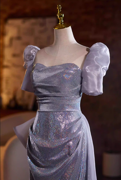 Graceful Sheath Square Neck Sweet 16th Dresses With Bow Train Sequins Short Sleeve Prom Dress AP5273