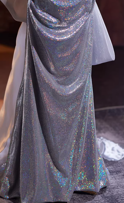 Graceful Sheath Square Neck Sweet 16th Dresses With Bow Train Sequins Short Sleeve Prom Dress AP5273