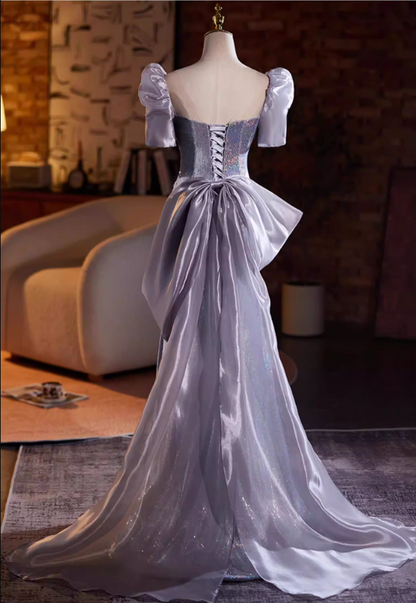 Graceful Sheath Square Neck Sweet 16th Dresses With Bow Train Sequins Short Sleeve Prom Dress AP5273