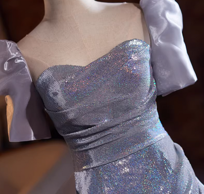 Graceful Sheath Square Neck Sweet 16th Dresses With Bow Train Sequins Short Sleeve Prom Dress AP5273