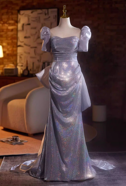 Graceful Sheath Square Neck Sweet 16th Dresses With Bow Train Sequins Short Sleeve Prom Dress AP5273