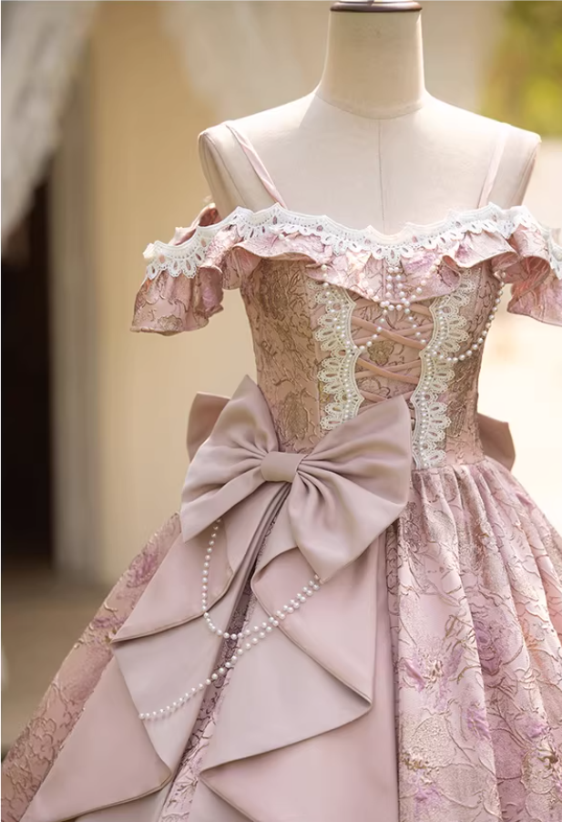 Classical Off-Shoulder Jacquard A-Line Sweet 16th Dresses Bows Beading Lace Prom Dress AP5275
