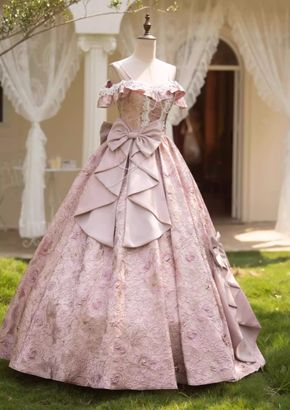 Classical Off-Shoulder Jacquard A-Line Sweet 16th Dresses Bows Beading Lace Prom Dress AP5275