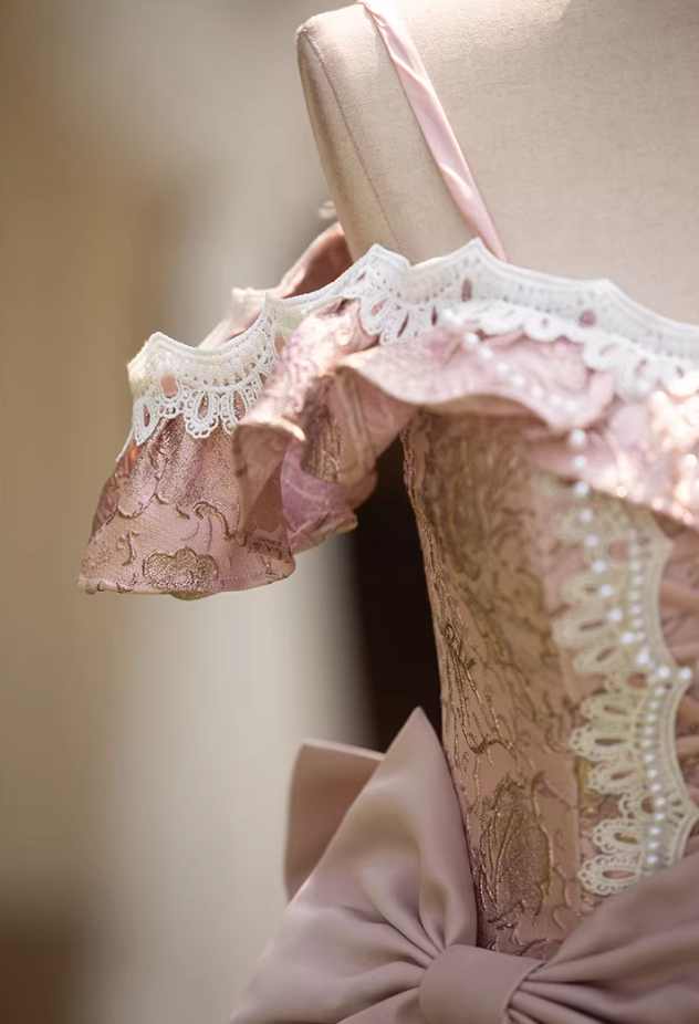 Classical Off-Shoulder Jacquard A-Line Sweet 16th Dresses Bows Beading Lace Prom Dress AP5275