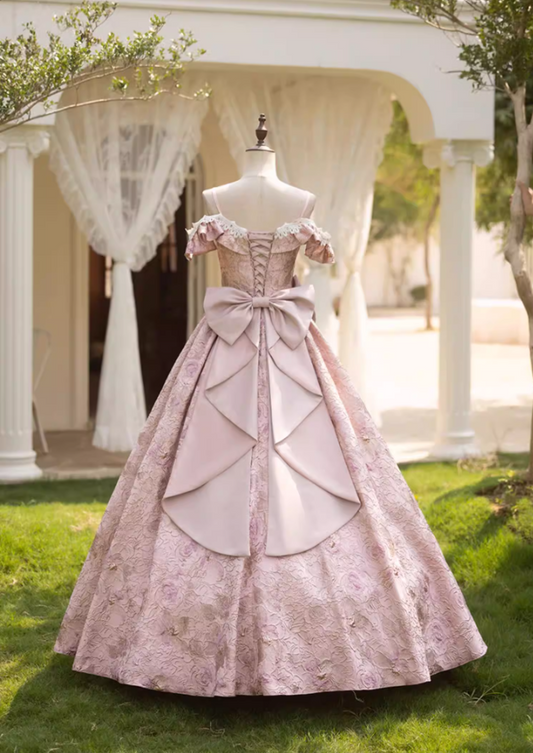 Classical Off-Shoulder Jacquard A-Line Sweet 16th Dresses Bows Beading Lace Prom Dress AP5275