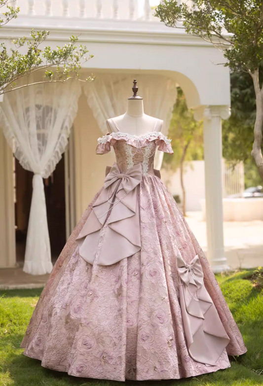 Classical Off-Shoulder Jacquard A-Line Sweet 16th Dresses Bows Beading Lace Prom Dress AP5275