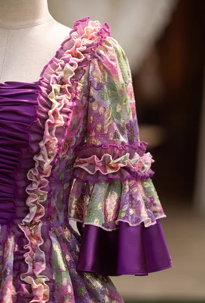 Fantastic Square Neck A-Line Floral Sweet 16th Dresses Sequins Pearls Long Sleeve Ruffles Prom Dress AP5276
