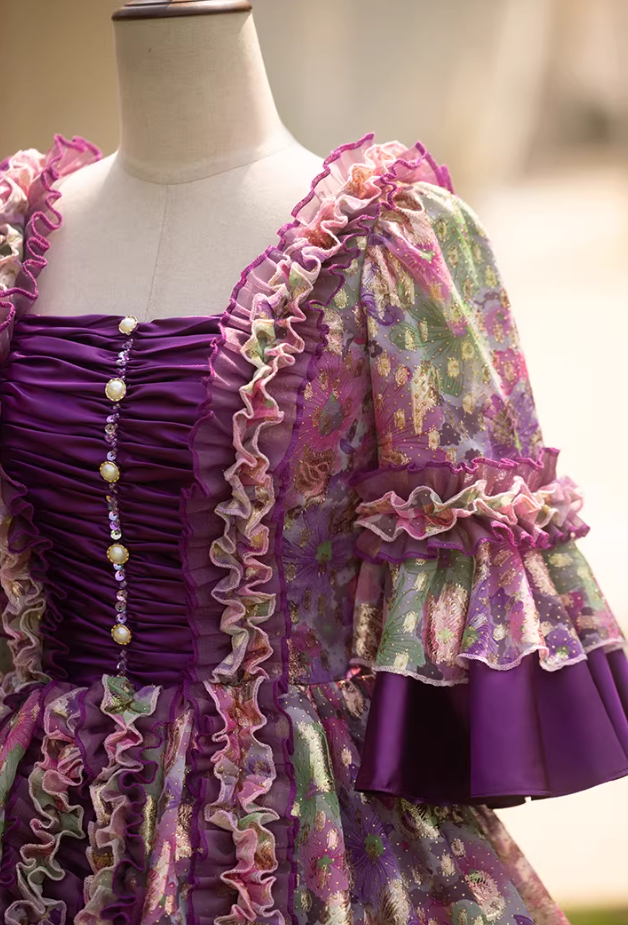 Fantastic Square Neck A-Line Floral Sweet 16th Dresses Sequins Pearls Long Sleeve Ruffles Prom Dress AP5276