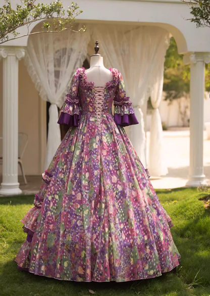 Fantastic Square Neck A-Line Floral Sweet 16th Dresses Sequins Pearls Long Sleeve Ruffles Prom Dress AP5276
