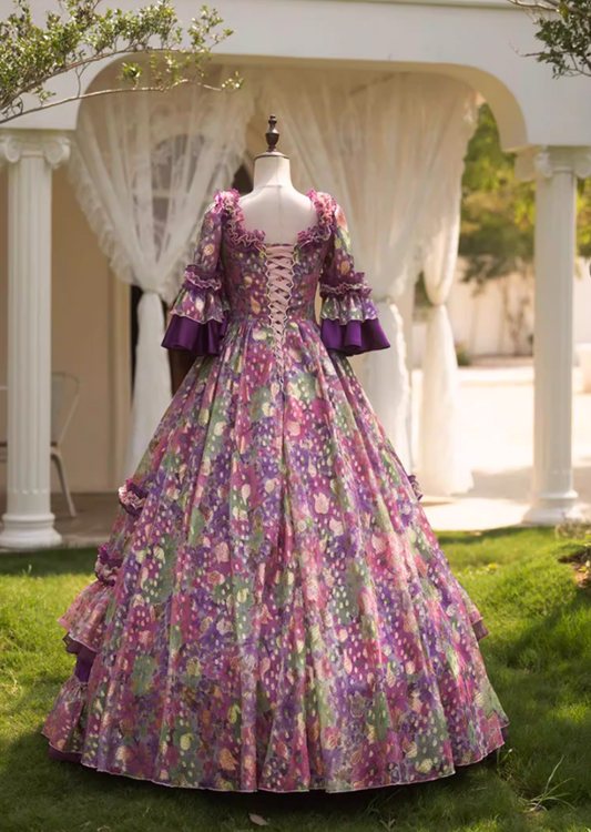 Fantastic Square Neck A-Line Floral Sweet 16th Dresses Sequins Pearls Long Sleeve Ruffles Prom Dress AP5276