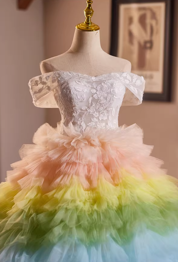 Rainbow-Inspired Off-Shoulder A-Line Sweet 16th Dresses Appliques Ruffled Tulle Prom Dress AP5277