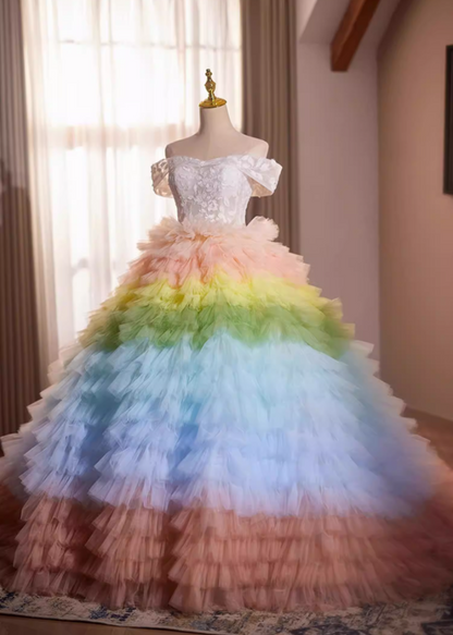Rainbow-Inspired Off-Shoulder A-Line Sweet 16th Dresses Appliques Ruffled Tulle Prom Dress AP5277