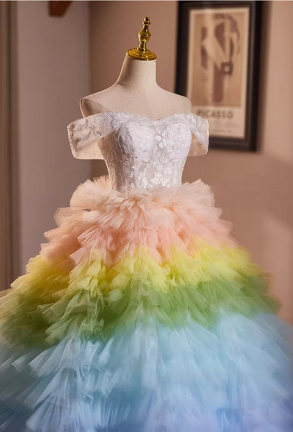 Rainbow-Inspired Off-Shoulder A-Line Sweet 16th Dresses Appliques Ruffled Tulle Prom Dress AP5277