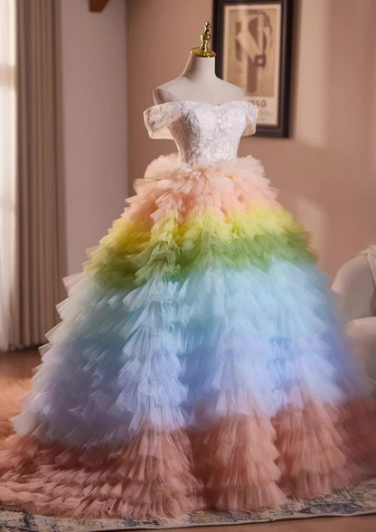Rainbow-Inspired Off-Shoulder A-Line Sweet 16th Dresses Appliques Ruffled Tulle Prom Dress AP5277