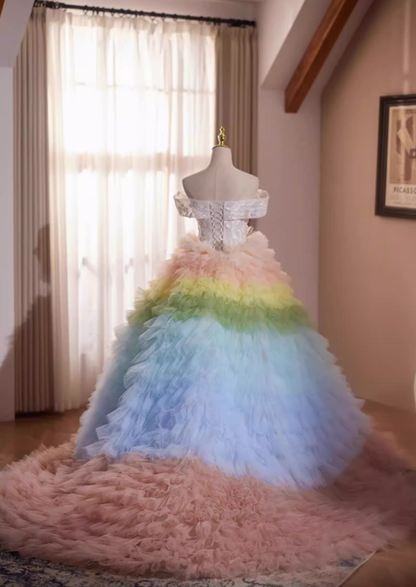 Rainbow-Inspired Off-Shoulder A-Line Sweet 16th Dresses Appliques Ruffled Tulle Prom Dress AP5277