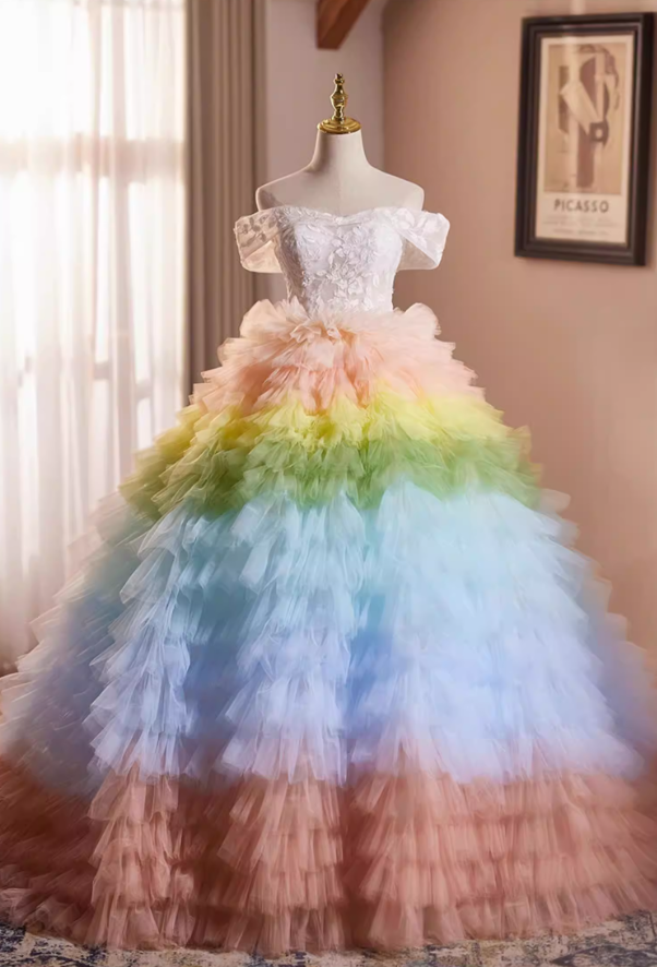 Rainbow-Inspired Off-Shoulder A-Line Sweet 16th Dresses Appliques Ruffled Tulle Prom Dress AP5277
