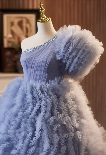 Sweet A-Line One Shoulder Blue Ruffles Tulle Sweet 16th Gowns Sequins Beads Prom Dress AP5278