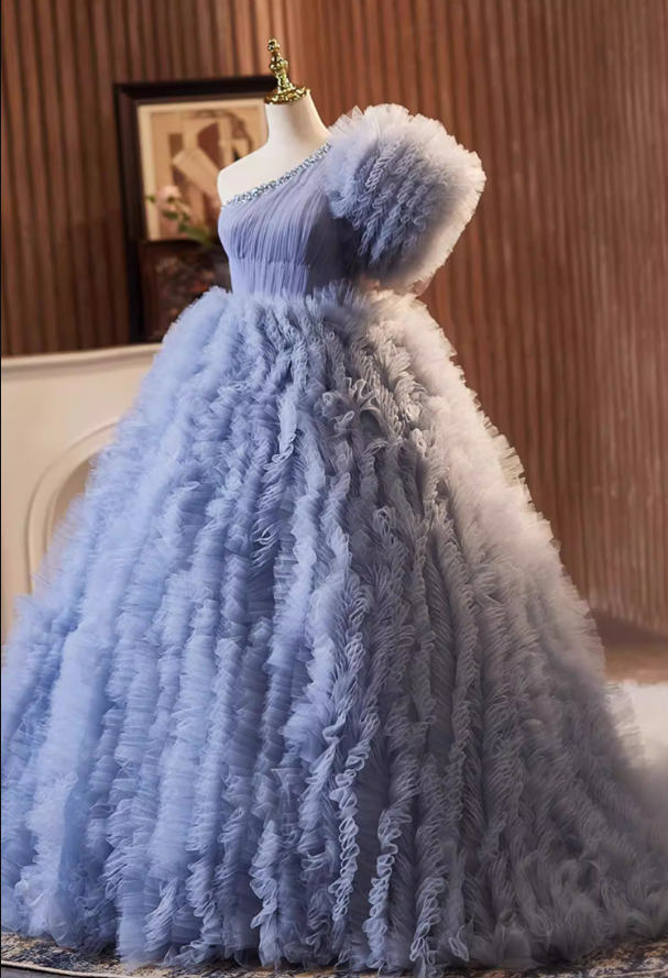 Sweet A-Line One Shoulder Blue Ruffles Tulle Sweet 16th Gowns Sequins Beads Prom Dress AP5278