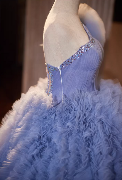 Sweet A-Line One Shoulder Blue Ruffles Tulle Sweet 16th Gowns Sequins Beads Prom Dress AP5278
