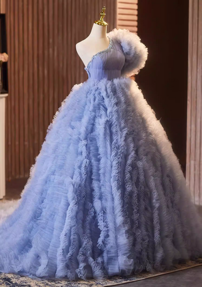 Sweet A-Line One Shoulder Blue Ruffles Tulle Sweet 16th Gowns Sequins Beads Prom Dress AP5278