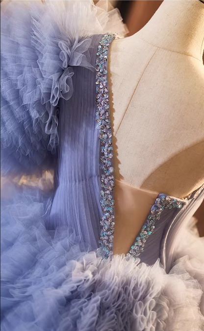 Sweet A-Line One Shoulder Blue Ruffles Tulle Sweet 16th Gowns Sequins Beads Prom Dress AP5278