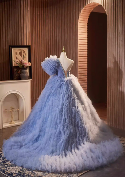 Sweet A-Line One Shoulder Blue Ruffles Tulle Sweet 16th Gowns Sequins Beads Prom Dress AP5278