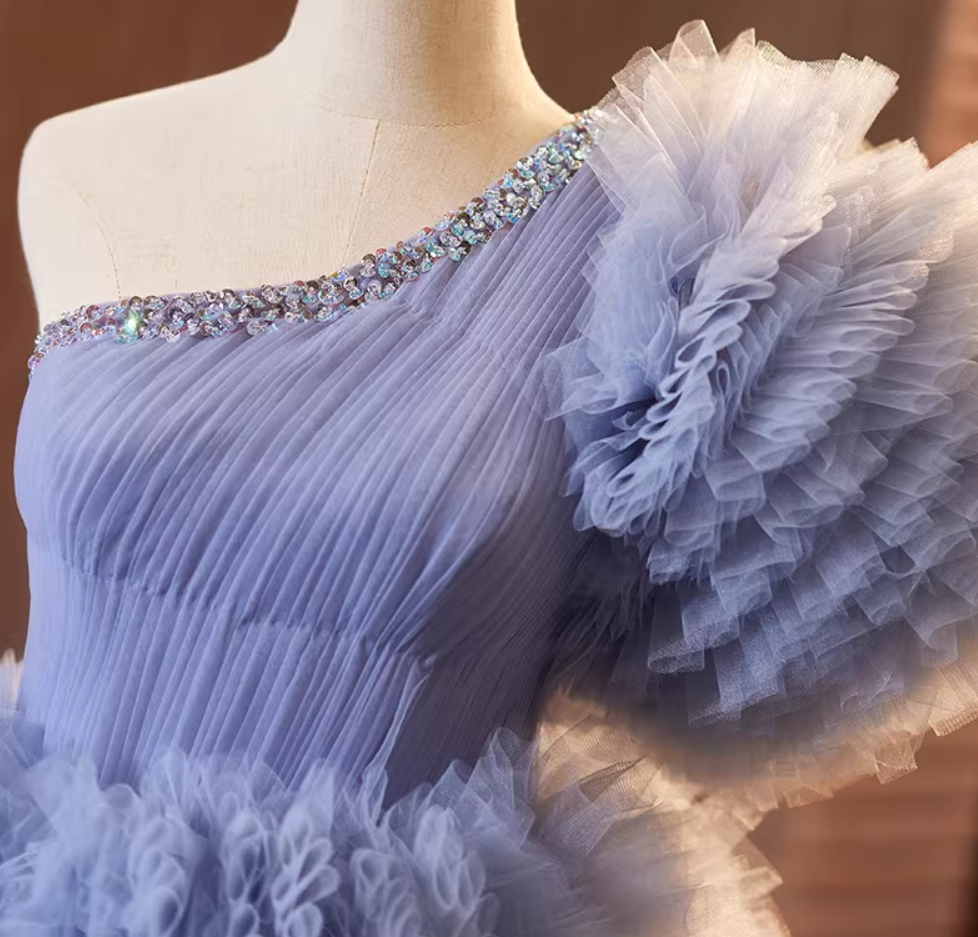 Sweet A-Line One Shoulder Blue Ruffles Tulle Sweet 16th Gowns Sequins Beads Prom Dress AP5278
