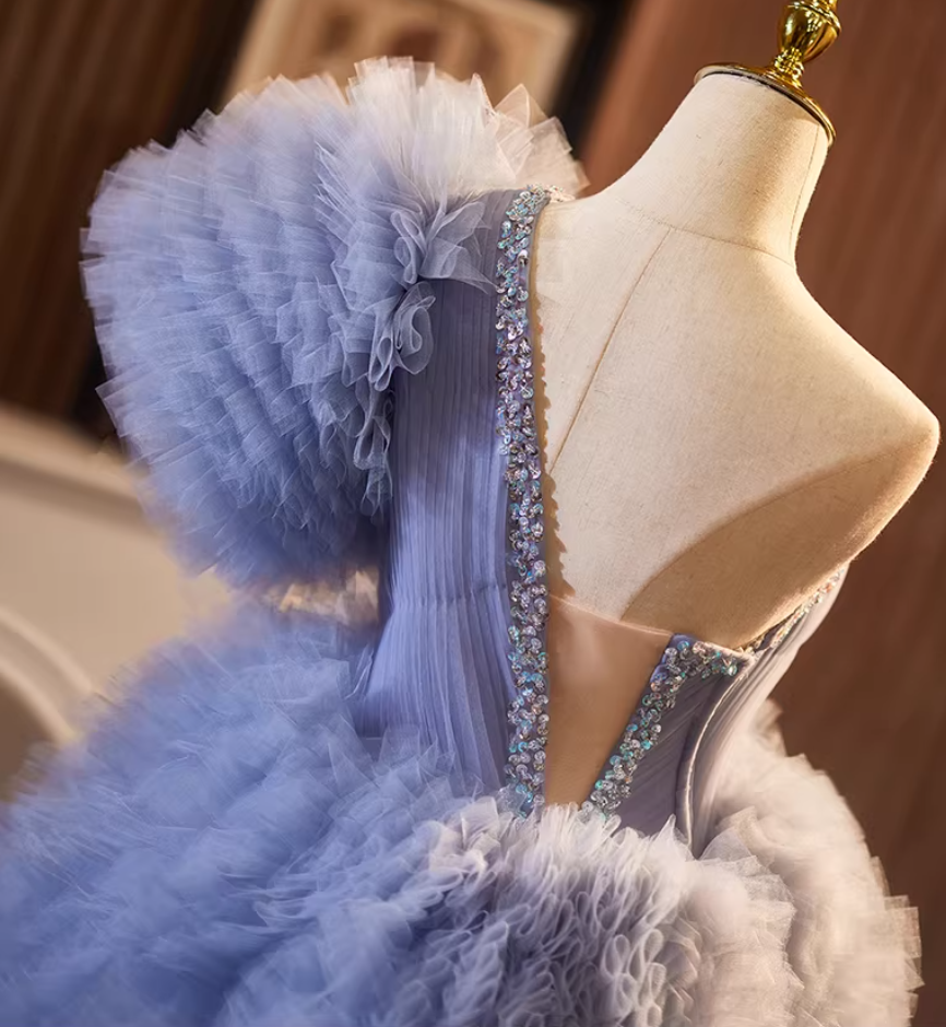 Sweet A-Line One Shoulder Blue Ruffles Tulle Sweet 16th Gowns Sequins Beads Prom Dress AP5278