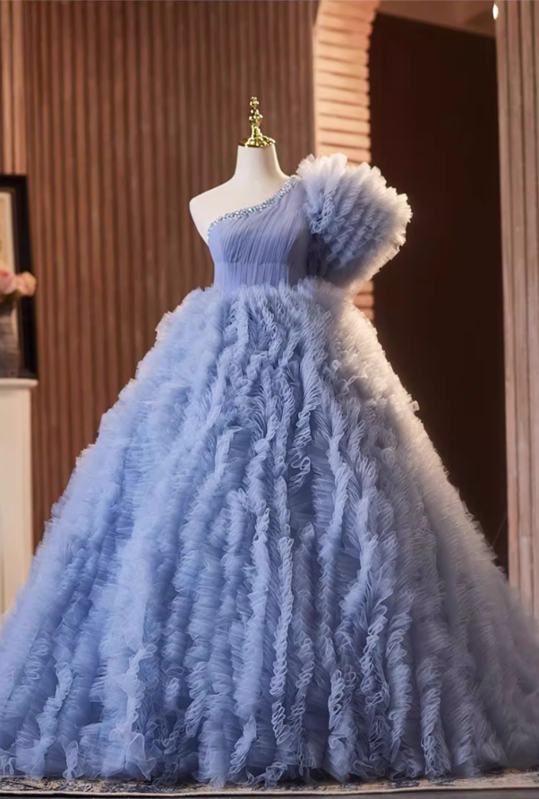Sweet A-Line One Shoulder Blue Ruffles Tulle Sweet 16th Gowns Sequins Beads Prom Dress AP5278