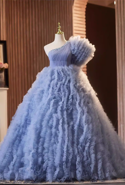 Sweet A-Line One Shoulder Blue Ruffles Tulle Sweet 16th Gowns Sequins Beads Prom Dress AP5278