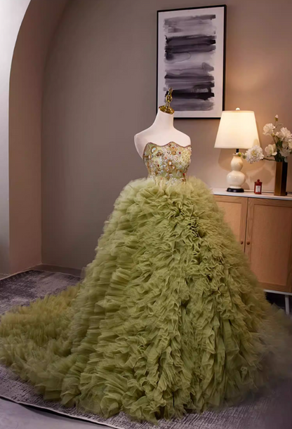 Cute Strapless A-Line Green Ruffles Tulle Sweet 16th Gowns Beading Sequins Prom Dress AP5279