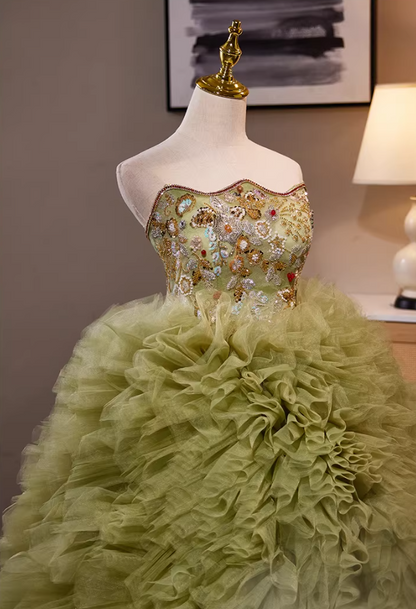 Cute Strapless A-Line Green Ruffles Tulle Sweet 16th Gowns Beading Sequins Prom Dress AP5279