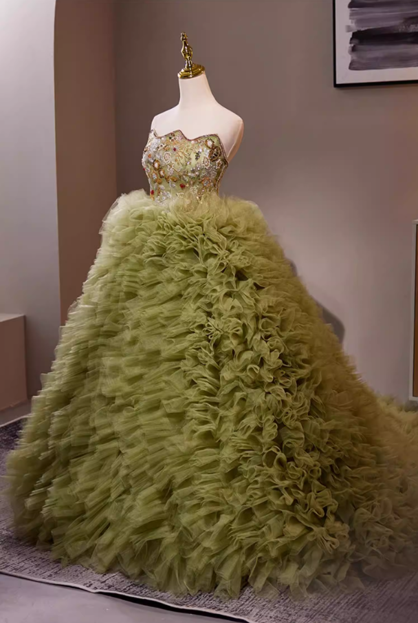 Cute Strapless A-Line Green Ruffles Tulle Sweet 16th Gowns Beading Sequins Prom Dress AP5279