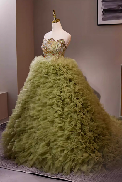 Cute Strapless A-Line Green Ruffles Tulle Sweet 16th Gowns Beading Sequins Prom Dress AP5279