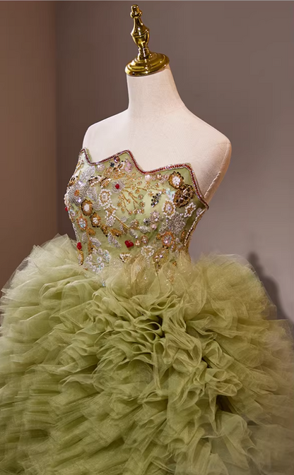 Cute Strapless A-Line Green Ruffles Tulle Sweet 16th Gowns Beading Sequins Prom Dress AP5279