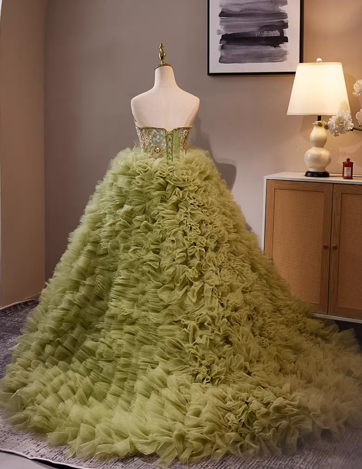 Cute Strapless A-Line Green Ruffles Tulle Sweet 16th Gowns Beading Sequins Prom Dress AP5279