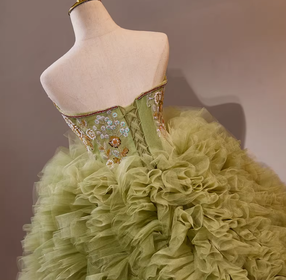 Cute Strapless A-Line Green Ruffles Tulle Sweet 16th Gowns Beading Sequins Prom Dress AP5279