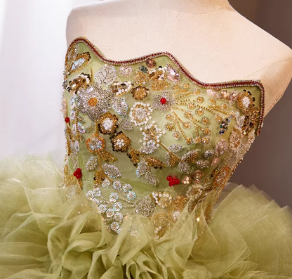 Cute Strapless A-Line Green Ruffles Tulle Sweet 16th Gowns Beading Sequins Prom Dress AP5279