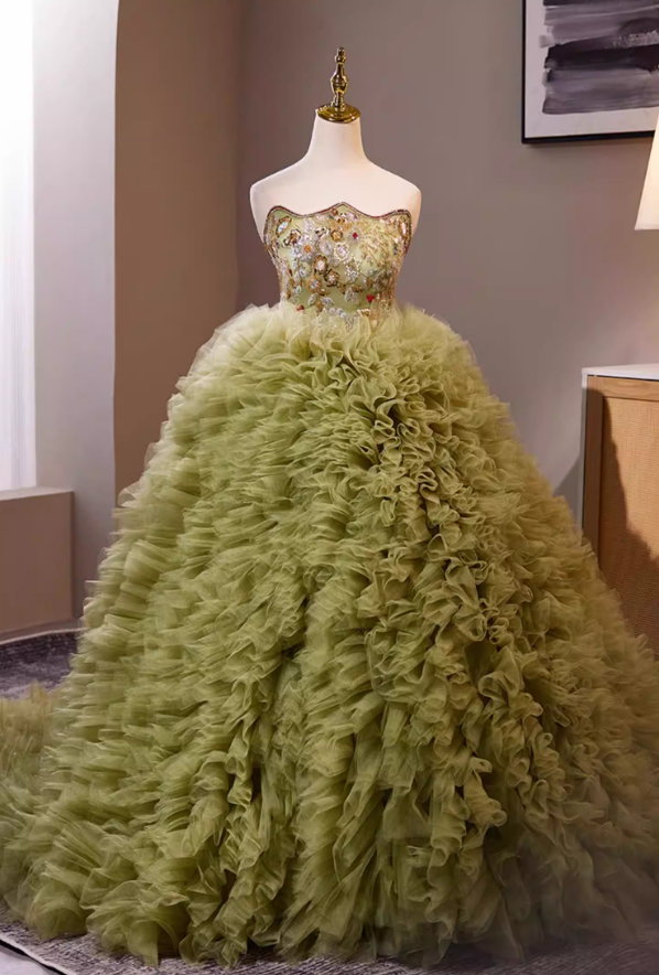 Cute Strapless A-Line Green Ruffles Tulle Sweet 16th Gowns Beading Sequins Prom Dress AP5279